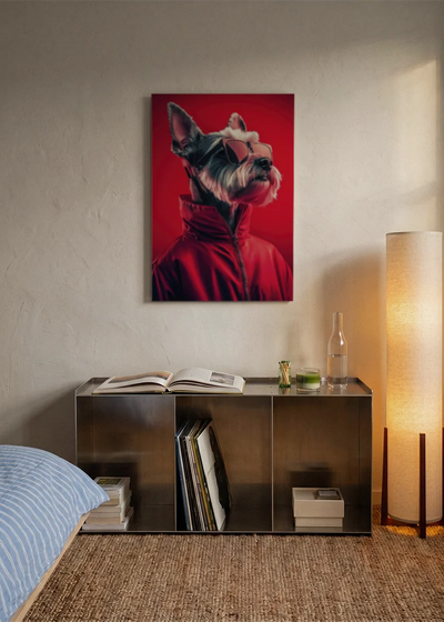 Akustikbillede med en hund i rød jakke på rød baggrund, over en reol i et soveværelse med tændt gulvlampe