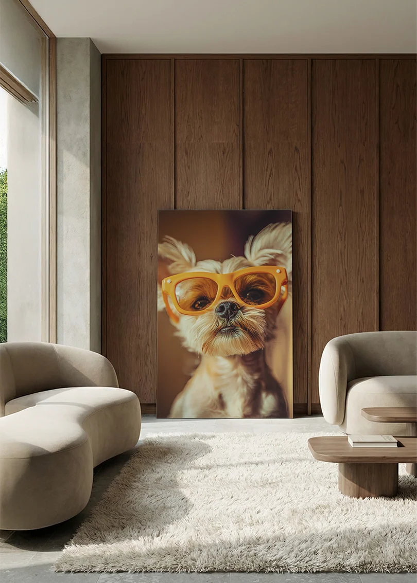 Akustikbillede med en hund med orange solbriller, i en lounge med bugtet sofa mod vægpanel i valnød