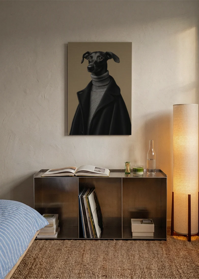 Akustikbillede med en whippet i sort rullekrave, over en reol i et soveværelse med tændt gulvlampe