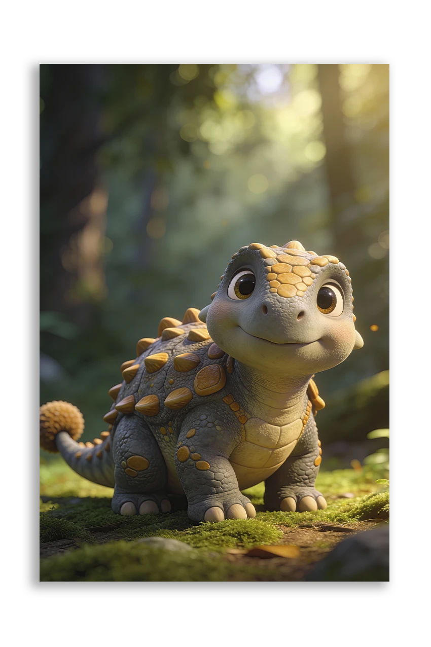 Akustikbillede med en sød tegnet ankylosaurus-unge med pansret ryg i skoven