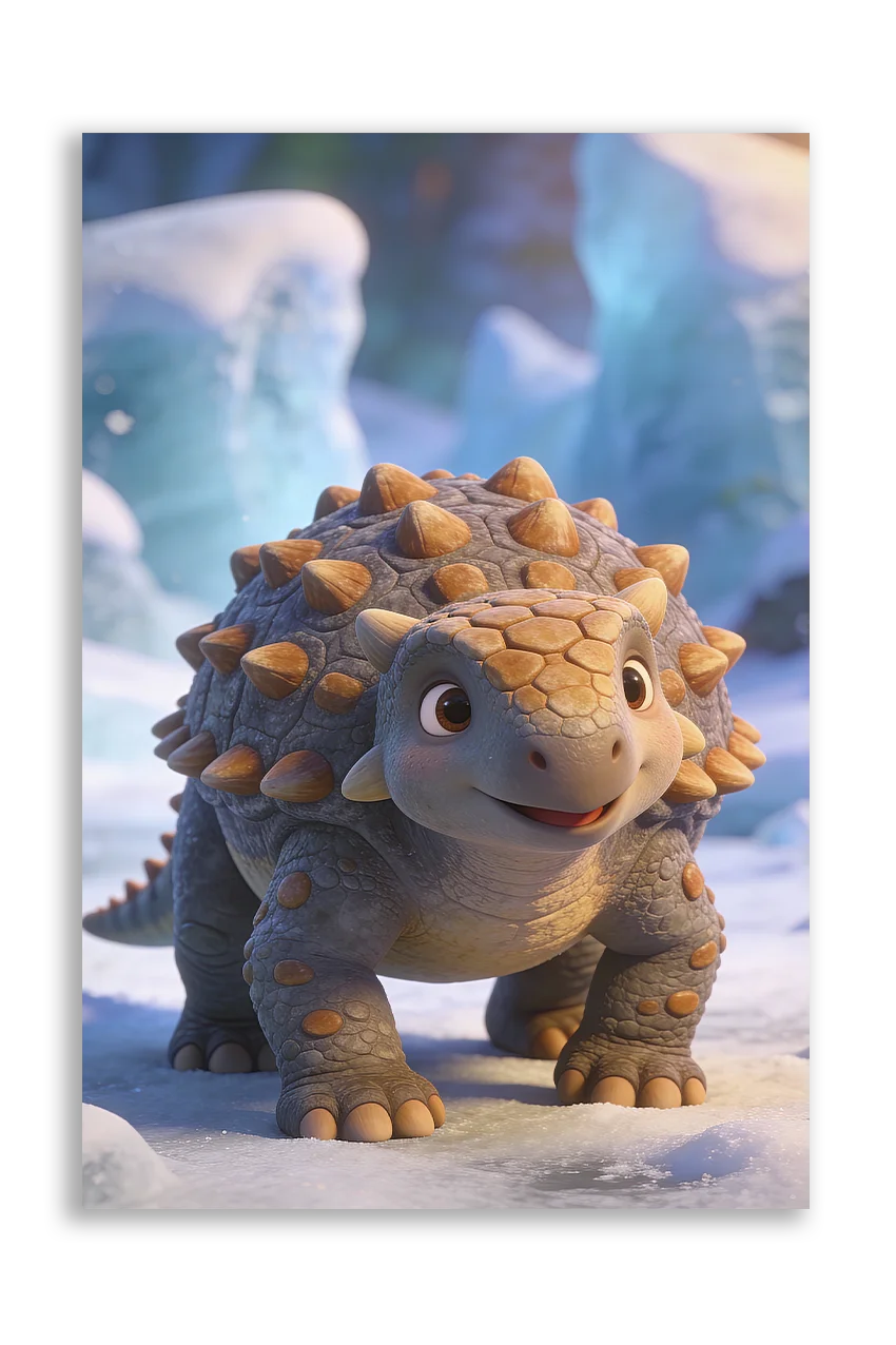 Akustikbillede med en tegnet ankylosaurus-unge i et snedækket islandskab