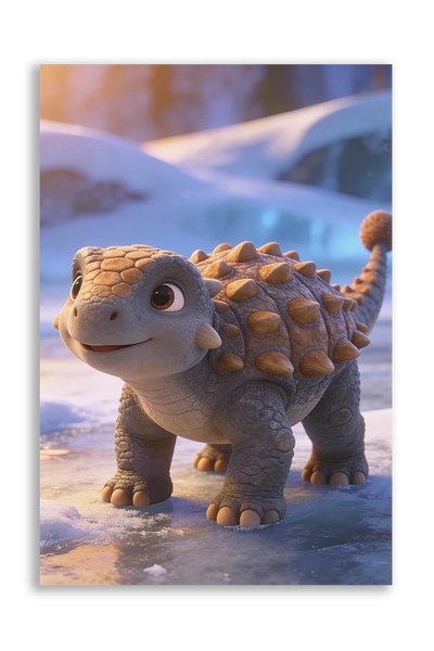 Akustikbillede med en tegnet ankylosaurus-unge på en snedækket slette