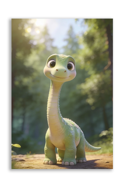 Akustikbillede med en tegnet brachiosaurus-unge i beige i en solbeskinnet skov