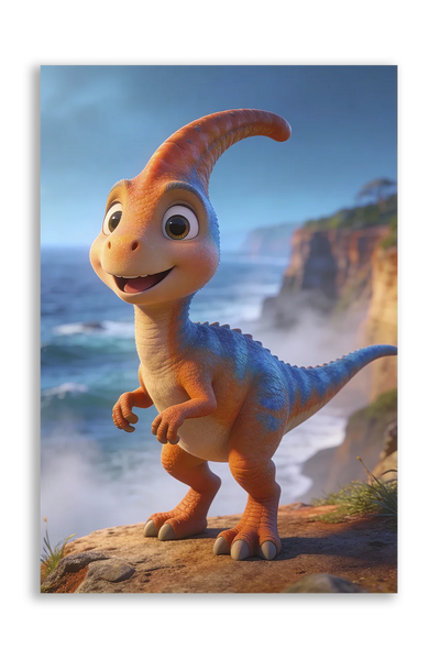 Akustikbillede med en tegnet parasaurolophus-unge i orange ved en klippekyst