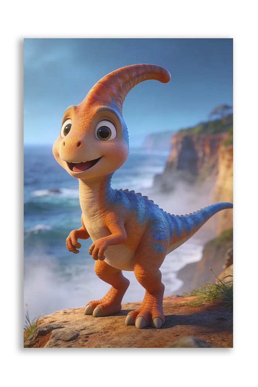 Akustikbillede med en tegnet parasaurolophus-unge i orange ved en klippekyst