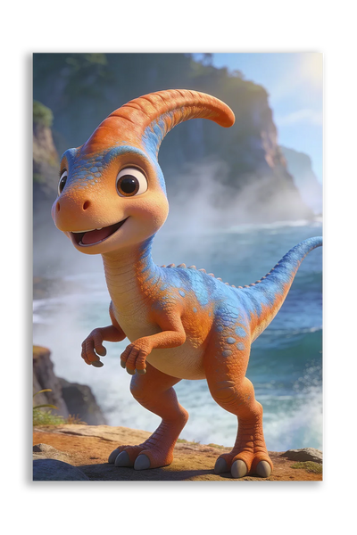 Akustikbillede med en tegnet parasaurolophus-unge i orange ved havet