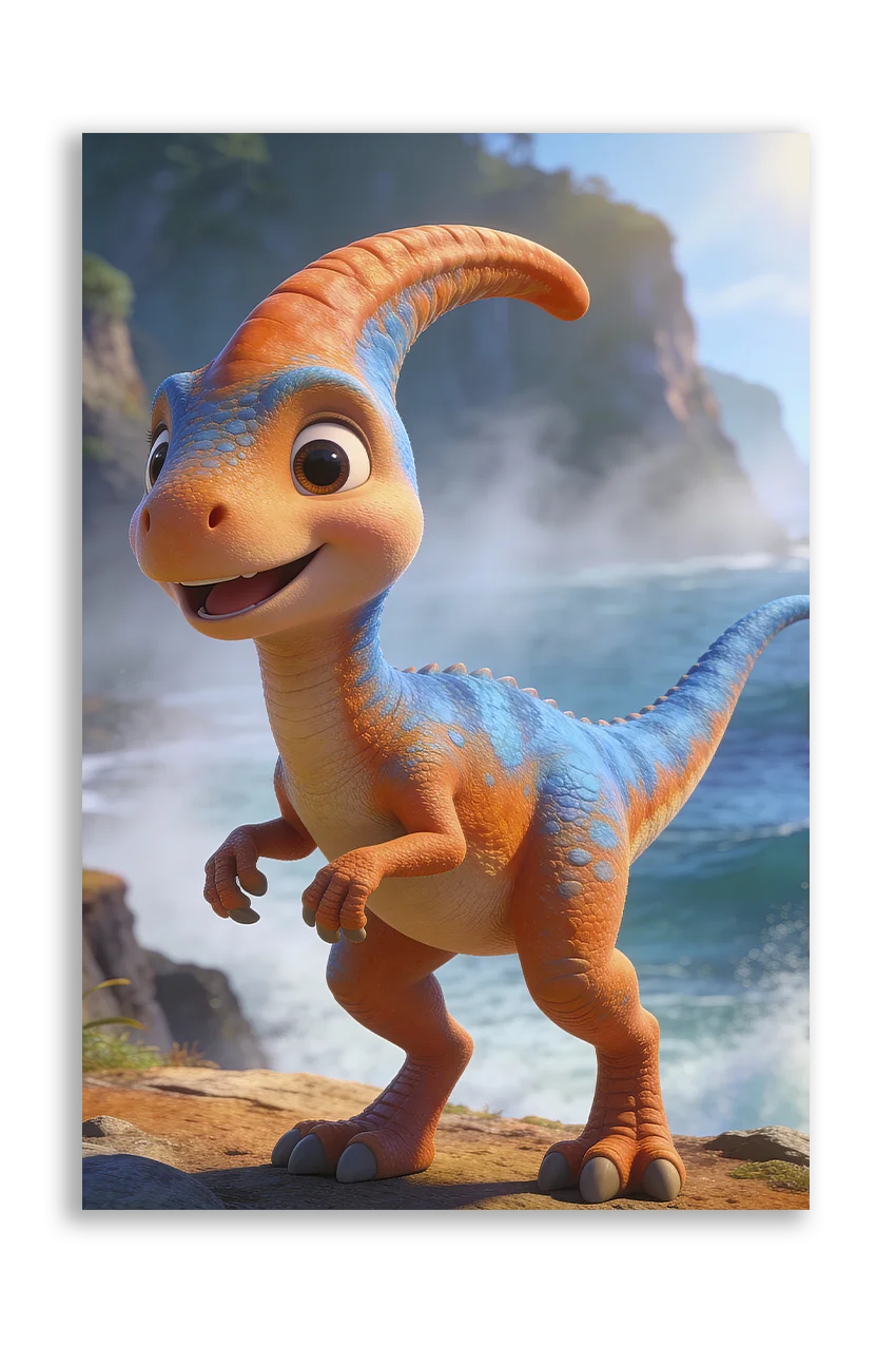 Akustikbillede med en tegnet parasaurolophus-unge i orange ved havet