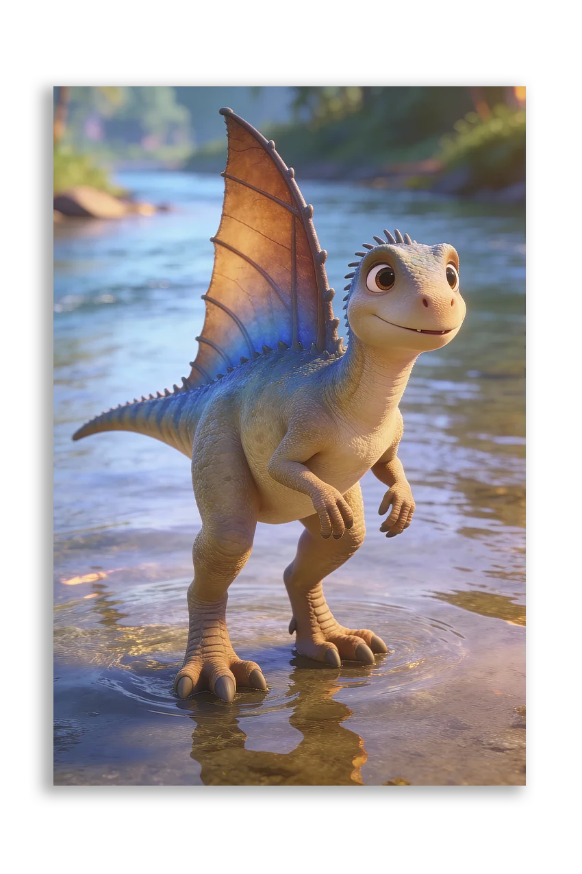Akustikbillede med en tegnet spinosaurus-unge med rygsejl ved vandet