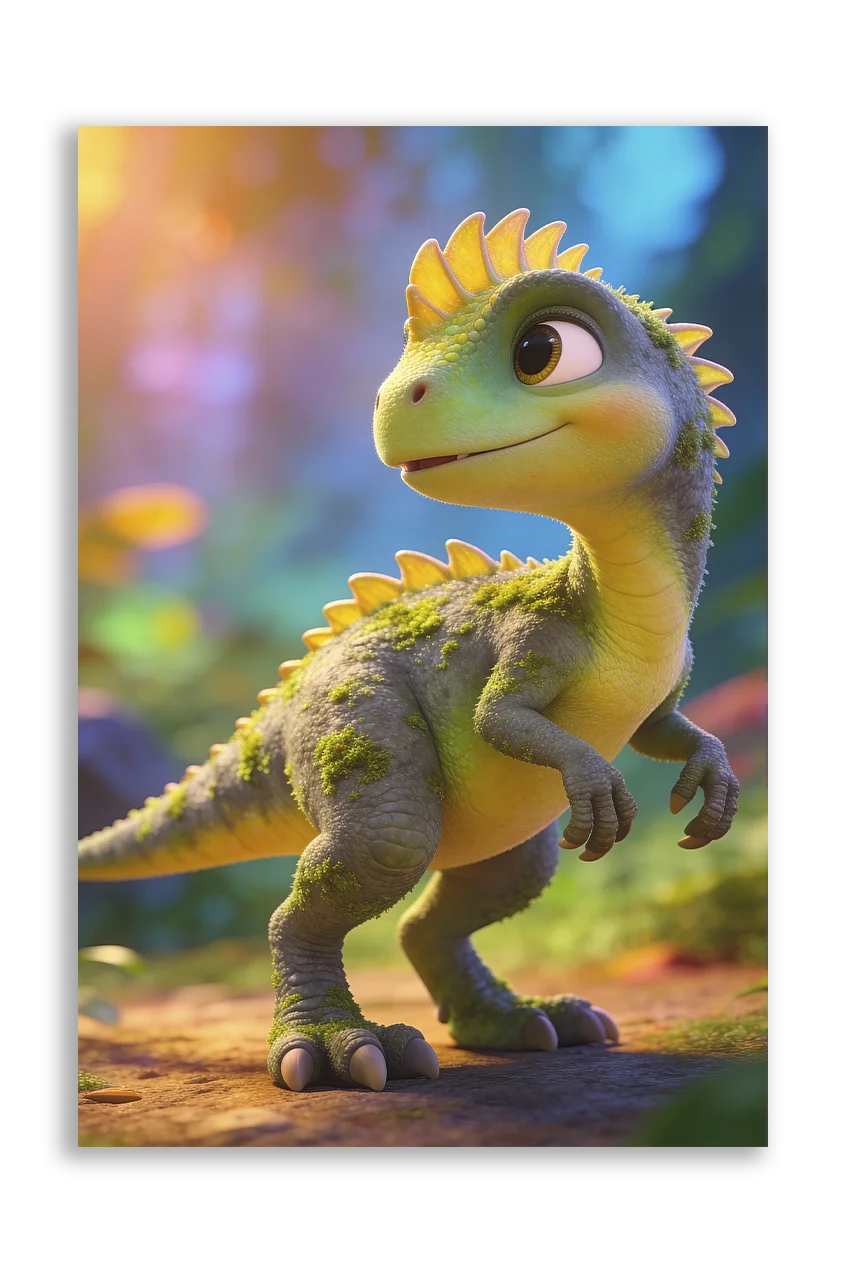 Akustikbillede med en tegnet stegoceras-unge i grønt og gult i en farverig skov