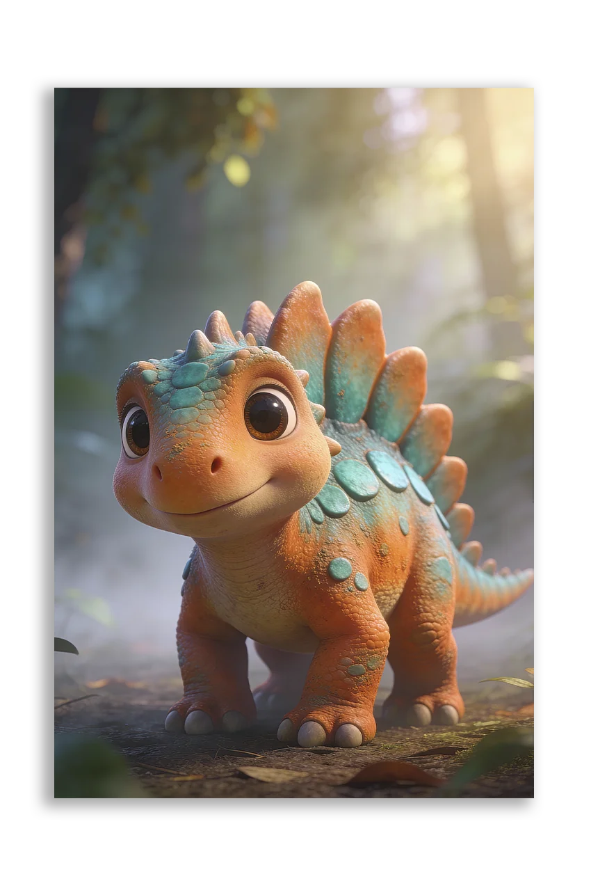 Akustikbillede med en tegnet stegosaurus-unge i orange og turkis i skoven