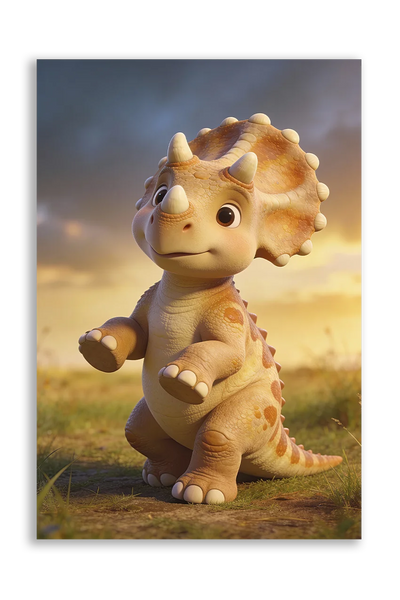 Akustikbillede med en tegnet triceratops-unge i gyldent solnedgangslys