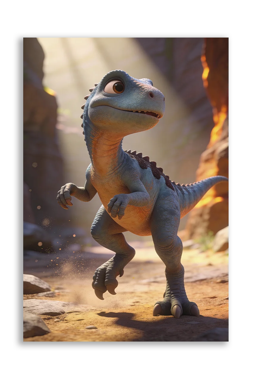 Akustikbillede med en tegnet velociraptor-unge i varmt lys mellem klipper