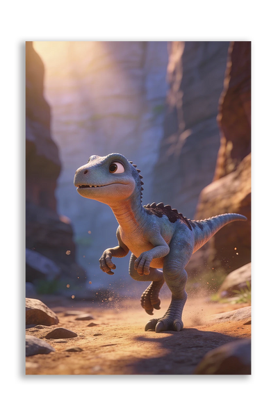 Akustikbillede med en tegnet velociraptor-unge i en klippekløft