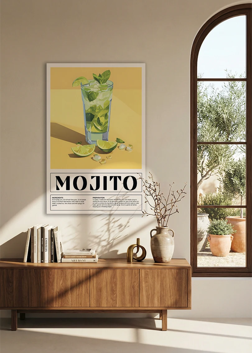 Akustikbillede med en retro cocktailplakat med Mojito, over en skænk i valnød ved et buet vindue