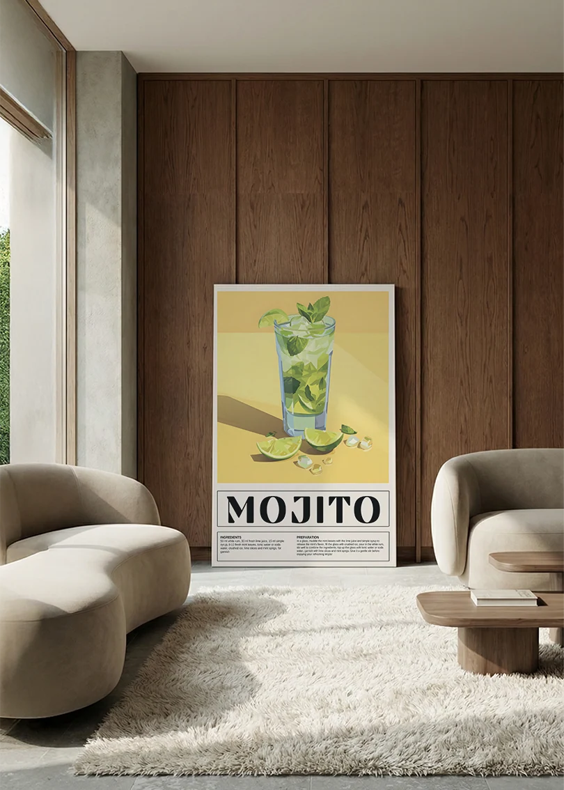 Akustikbillede med en retro cocktailplakat med Mojito, i en lounge med bugtet sofa mod vægpanel i valnød