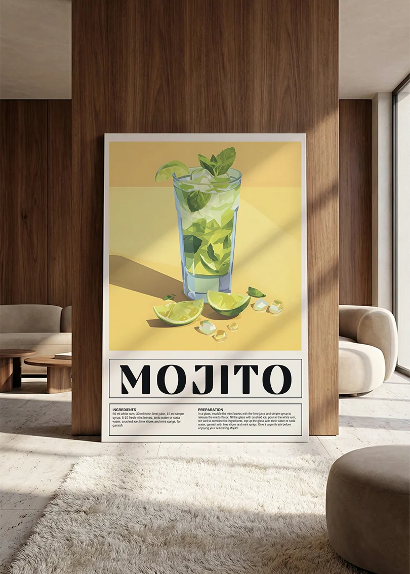 Akustikbillede med en retro cocktailplakat med Mojito, lænet mod vægpanel i valnød ved sofaen