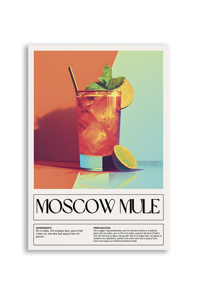 Akustikbillede med en retro cocktailplakat med Moscow Mule