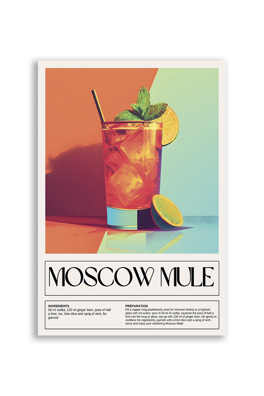 Akustikbillede med en retro cocktailplakat med Moscow Mule