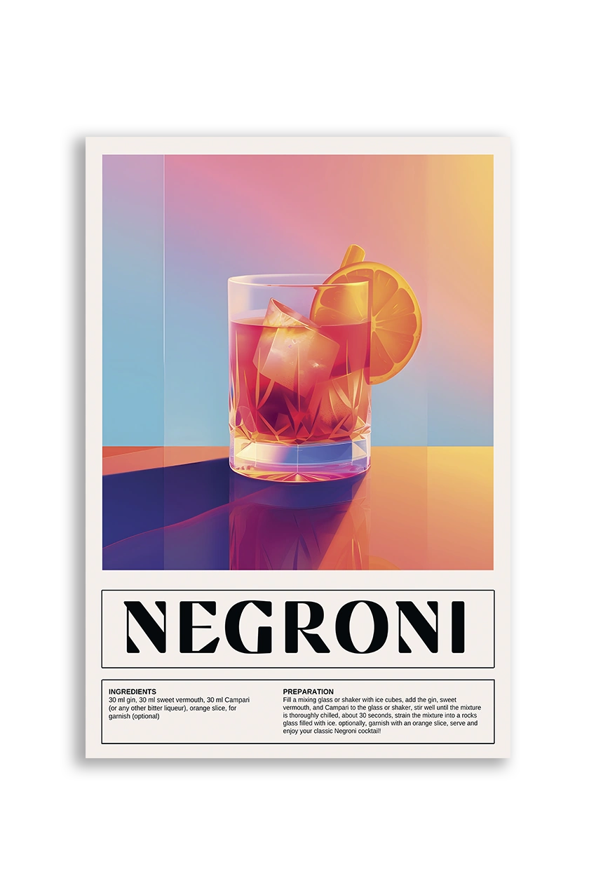 Akustikbillede med en retro cocktailplakat med Negroni