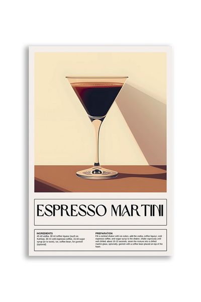 Akustikbillede med en retro cocktailplakat med Espresso Martini