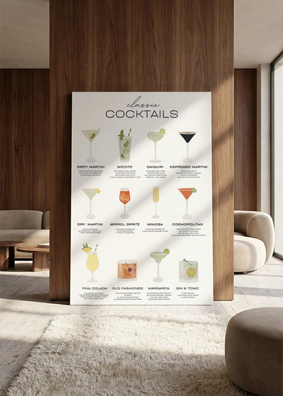 Akustikbillede med en oversigtsplakat med klassiske cocktails, lænet mod vægpanel i valnød ved sofaen