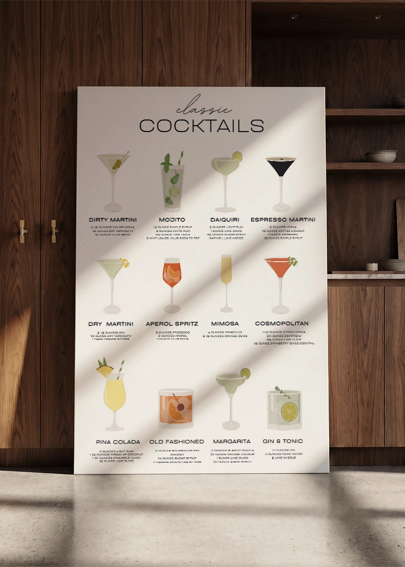 Akustikbillede med en oversigtsplakat med klassiske cocktails, lænet mod en skabsvæg i valnød