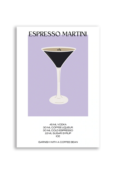 Akustikbillede med en minimalistisk cocktailplakat med Espresso Martini