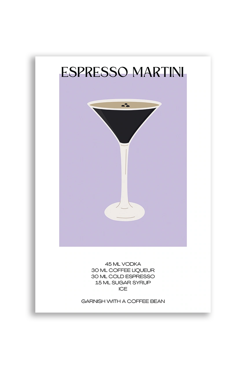 Akustikbillede med en minimalistisk cocktailplakat med Espresso Martini