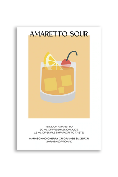 Akustikbillede med en minimalistisk cocktailplakat med Amaretto Sour