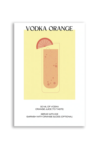Akustikbillede med en minimalistisk cocktailplakat med Vodka Orange