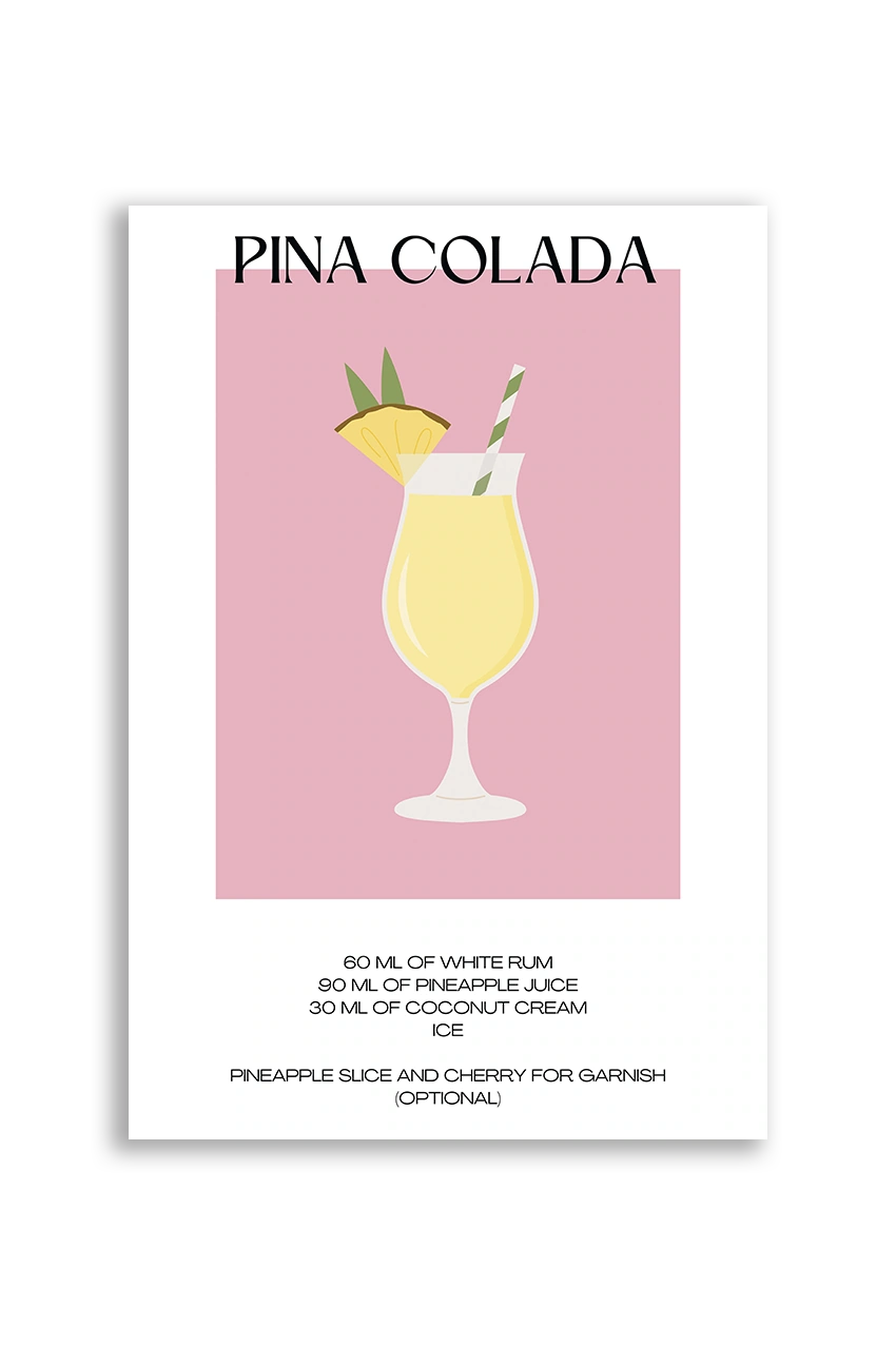 Akustikbillede med en minimalistisk cocktailplakat med Pina Colada