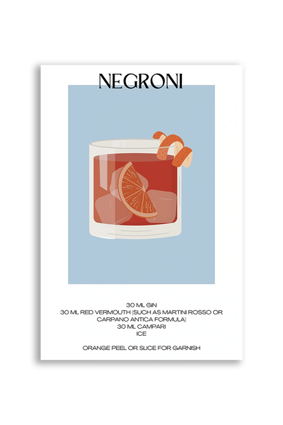 Akustikbillede med en minimalistisk cocktailplakat med Negroni