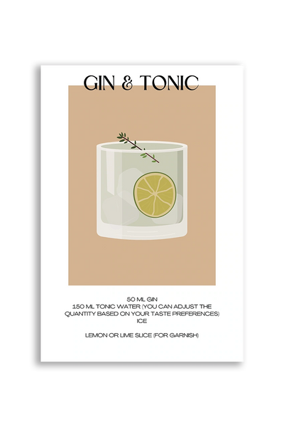 Akustikbillede med en minimalistisk cocktailplakat med Gin & Tonic