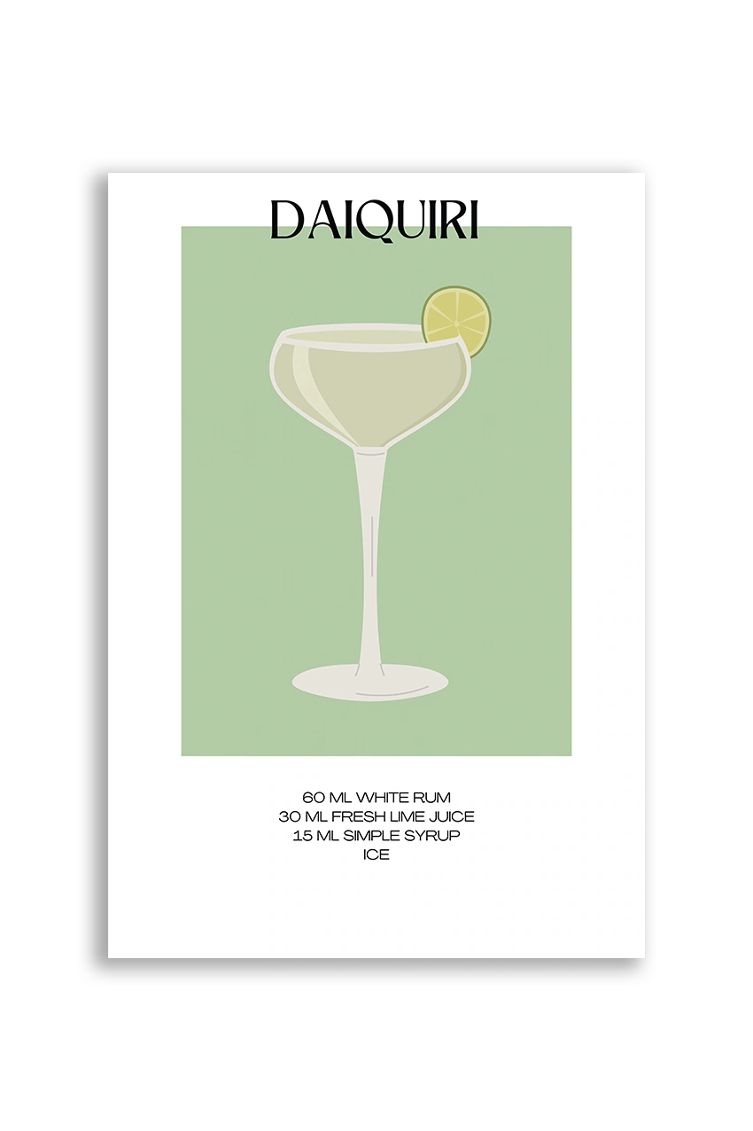 Akustikbillede med en minimalistisk cocktailplakat med Daiquiri