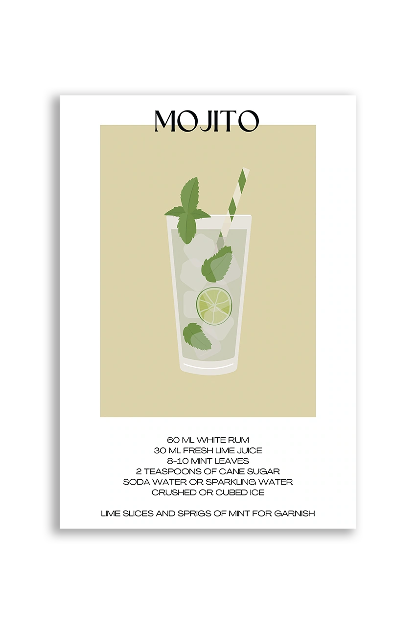 Akustikbillede med en minimalistisk cocktailplakat med Mojito