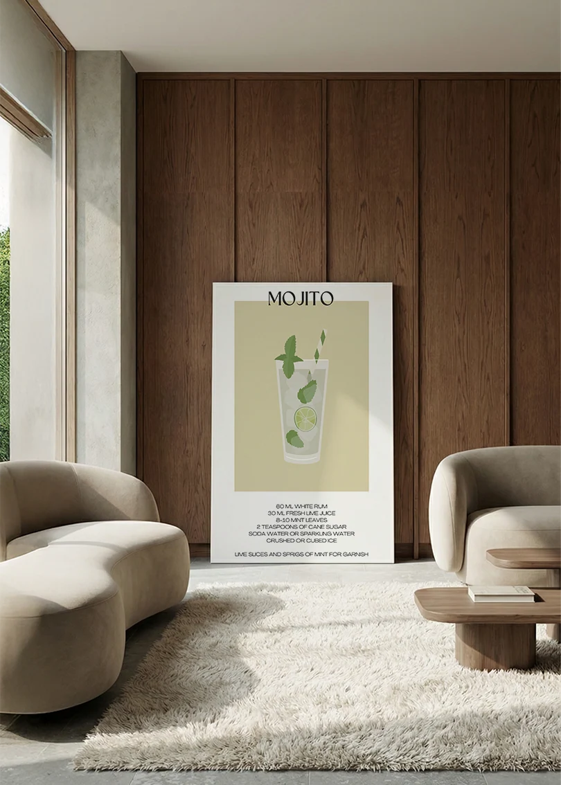 Akustikbillede med en minimalistisk cocktailplakat med Mojito, i en lounge med bugtet sofa mod vægpanel i valnød