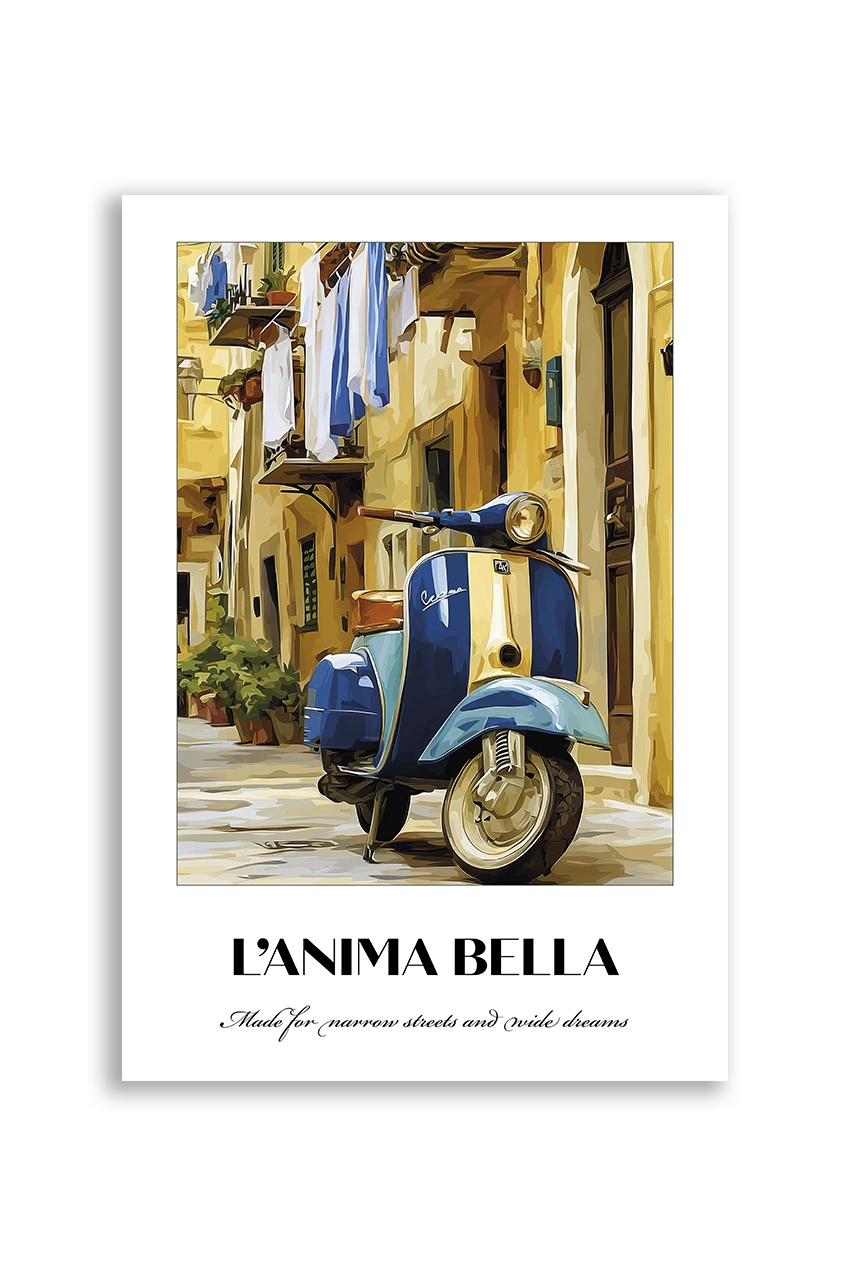 Akustikbillede med en italiensk rejseplakat med en Vespa i en italiensk gade