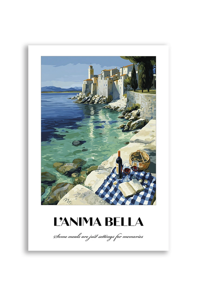 Akustikbillede med en italiensk rejseplakat med hvide klipper ved Middelhavet