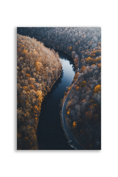 Akustikbillede med dronefoto af en flod gennem efterårsskov i orange og brune toner