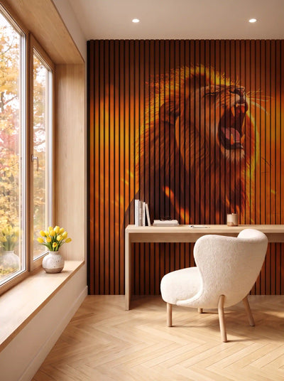 Akustikpanel med Lions-motiv nr. 52 – i spisestuen