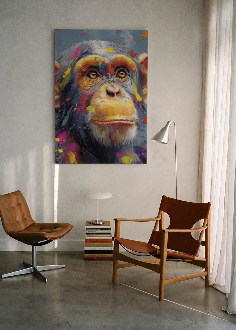 Akustikbillede med en chimpanse, ophængt over en lænestol ved gardinet