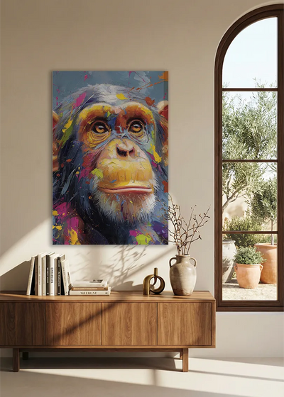 Akustikbillede med en chimpanse, over en skænk i valnød ved et buet vindue