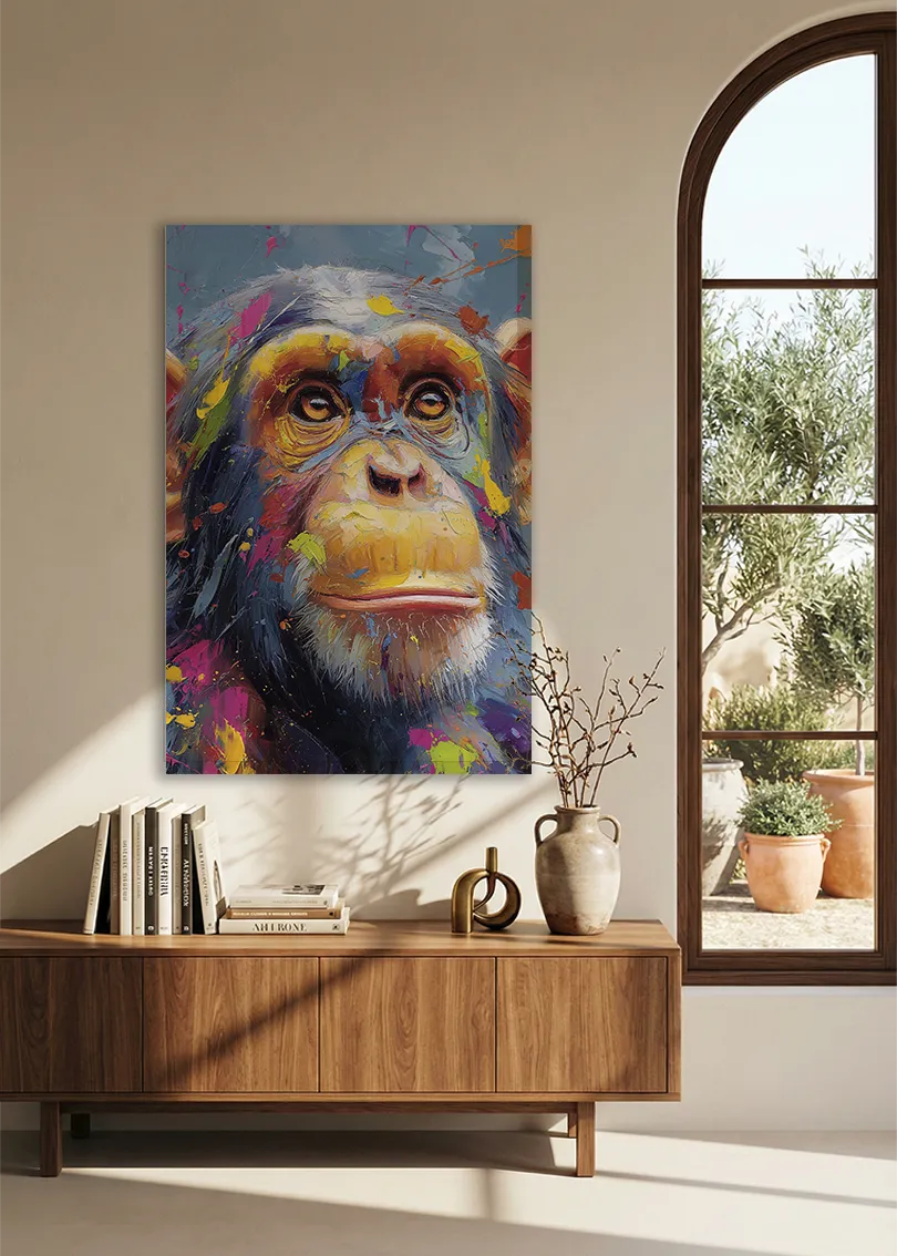 Akustikbillede med en chimpanse, over en skænk i valnød ved et buet vindue