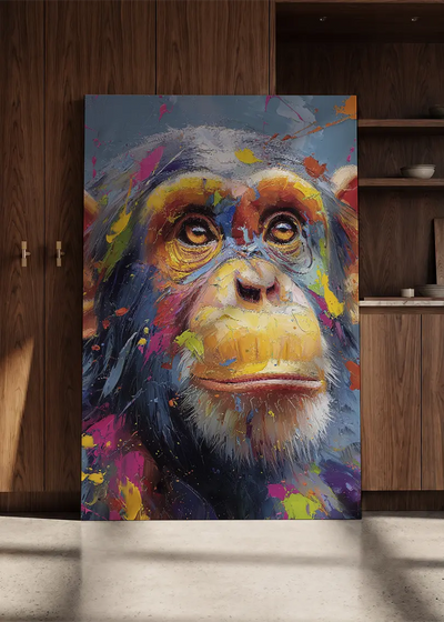 Akustikbillede med en chimpanse, lænet mod en skabsvæg i valnød