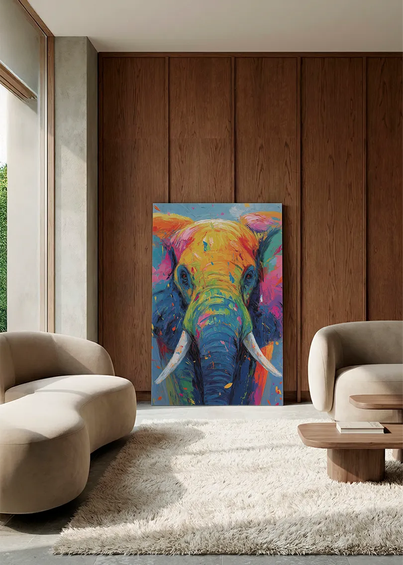 Akustikbillede med en elefant, i en lounge med bugtet sofa mod vægpanel i valnød