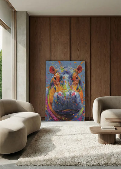 Akustikbillede med en flodhest, i en lounge med bugtet sofa mod vægpanel i valnød