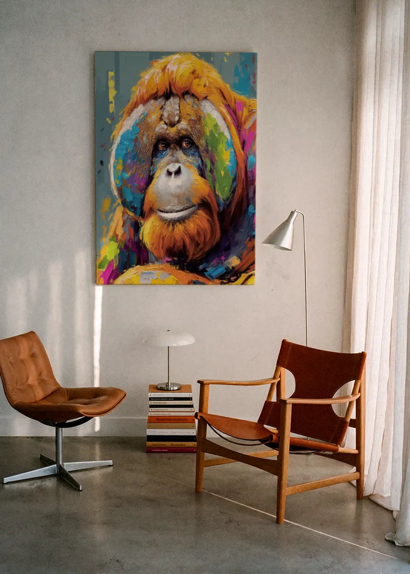 Akustikbillede med en orangutang, ophængt over en lænestol ved gardinet
