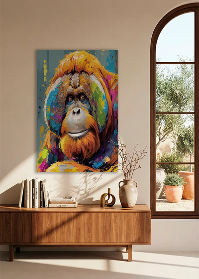 Akustikbillede med en orangutang, over en skænk i valnød ved et buet vindue