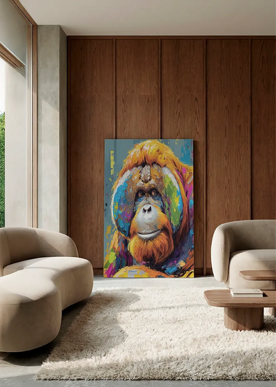 Akustikbillede med en orangutang, i en lounge med bugtet sofa mod vægpanel i valnød