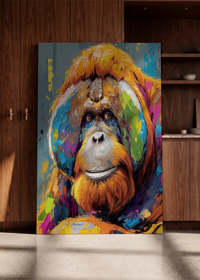 Akustikbillede med en orangutang, lænet mod en skabsvæg i valnød